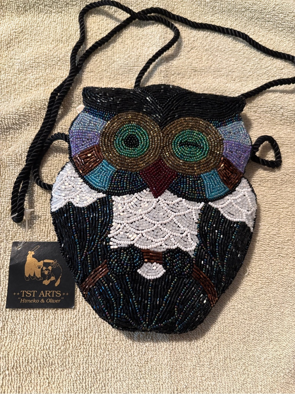 TST ARTS Beaded Owl Crossbody Bag in Black and Multicolor